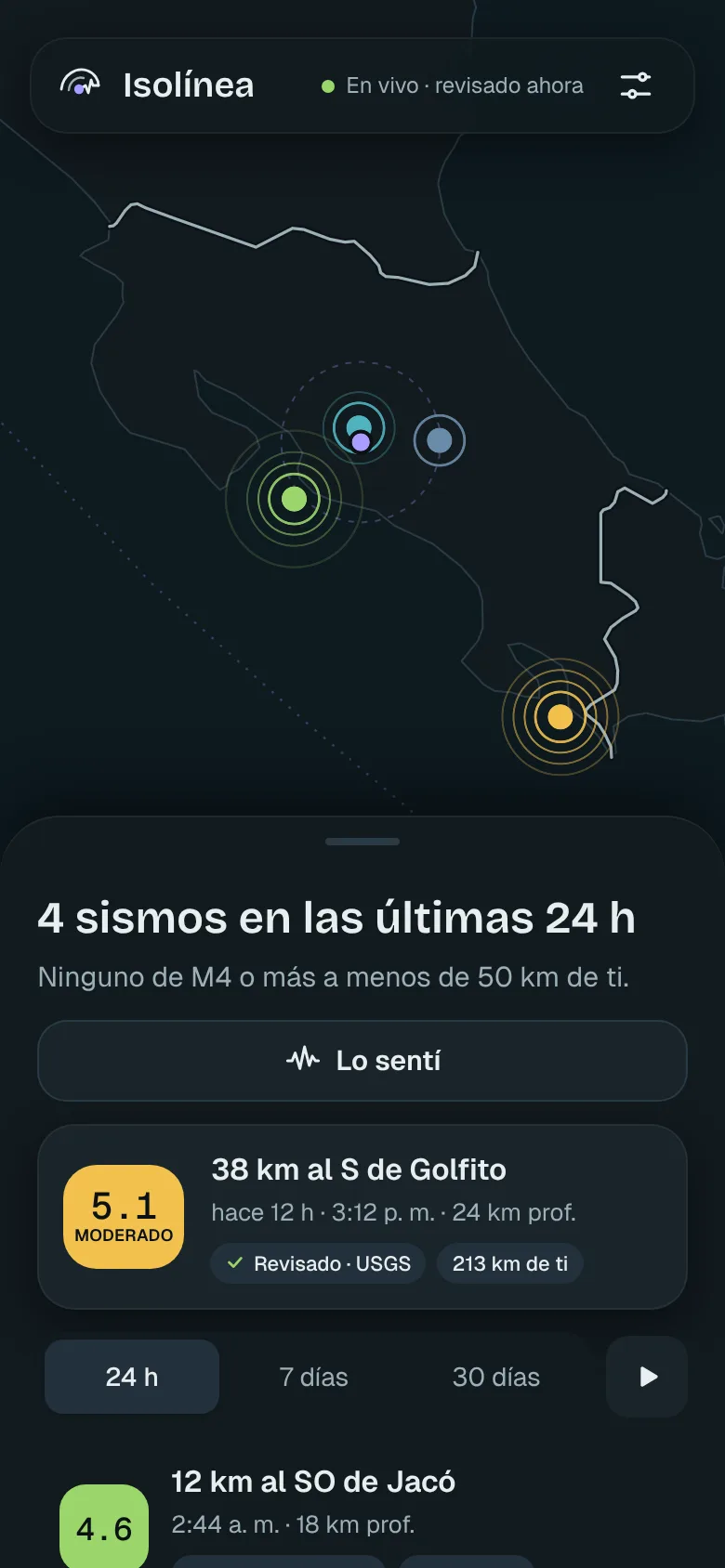 Screenshot von Isolínea auf einem Handy: Karte mit Erdbeben als farbige Ringe, die Übersicht der letzten 24 Stunden, der Button „Gespürt“ und die Liste der Erdbeben.